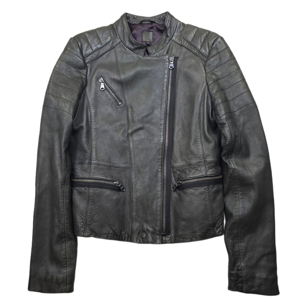 GAP Leather Moto Jacket Womens Medium Black Asymmetrical‎ Zip Cafe Racer